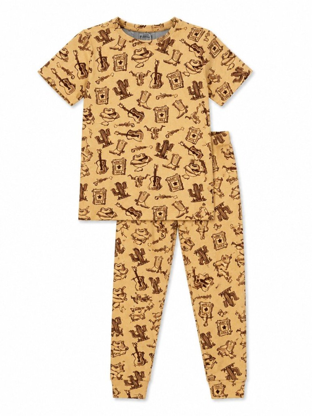 Minikin Mischief Western‎ Cowboy Bamboo Viscose Pajama Set Yellow Brown Kids 5/6